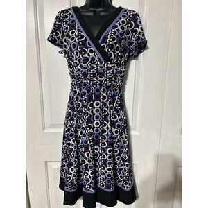 Sandra Darren Womens Dress 10P Purple Black White Mod Circle Print Short Sleeve